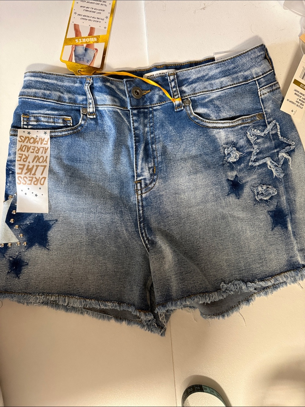 Distressed Star-Appliqué Denim Shorts - Blue